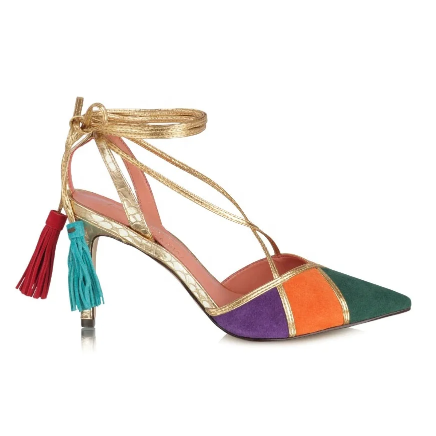 

Anmairon Designer Shoes New Styles Of 2021 Metallic Pu Suede Leather Color Matching Pointed Toe Tassel Lace Up Women Dress Shoes, Black/blue/red/green/gold