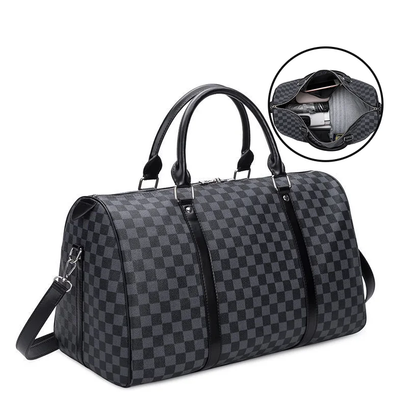 

Duffel bag overnight bag leather duffle ladies travelling bags checker, Black,white