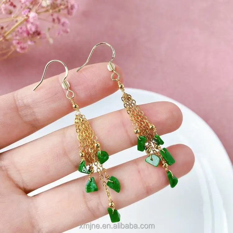 

Certified Grade A Myanmar Jade Earrings Antique Jade Ornaments 14K Gold Fashion Tassel Earrings Chinese Style Jade Earrings