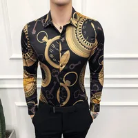 

New Fashion Men Spring Autumn Clock Printing Character Button Lapel Long Sleeve Business Tops Blouse Casual Shirt