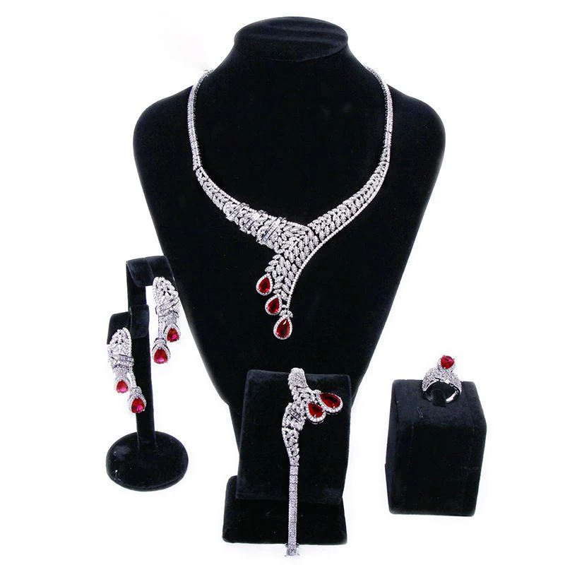 

Handmade Bride Zircon Red Stone Jewelry Set Wedding Bridesmaid Neckle Earring Wedding Jewelry Set of 4 Zircon Jewelry