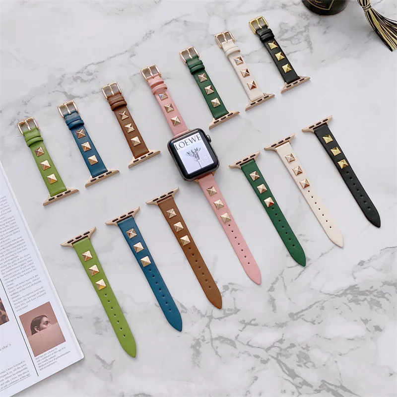 

Fashion Woman Grid Colors Slim Loop Rivet Leather Watch Band For Apple Watch/iWatch Series 7 6 5 4 3 2 1 38/40/41mm 42/44/45mm