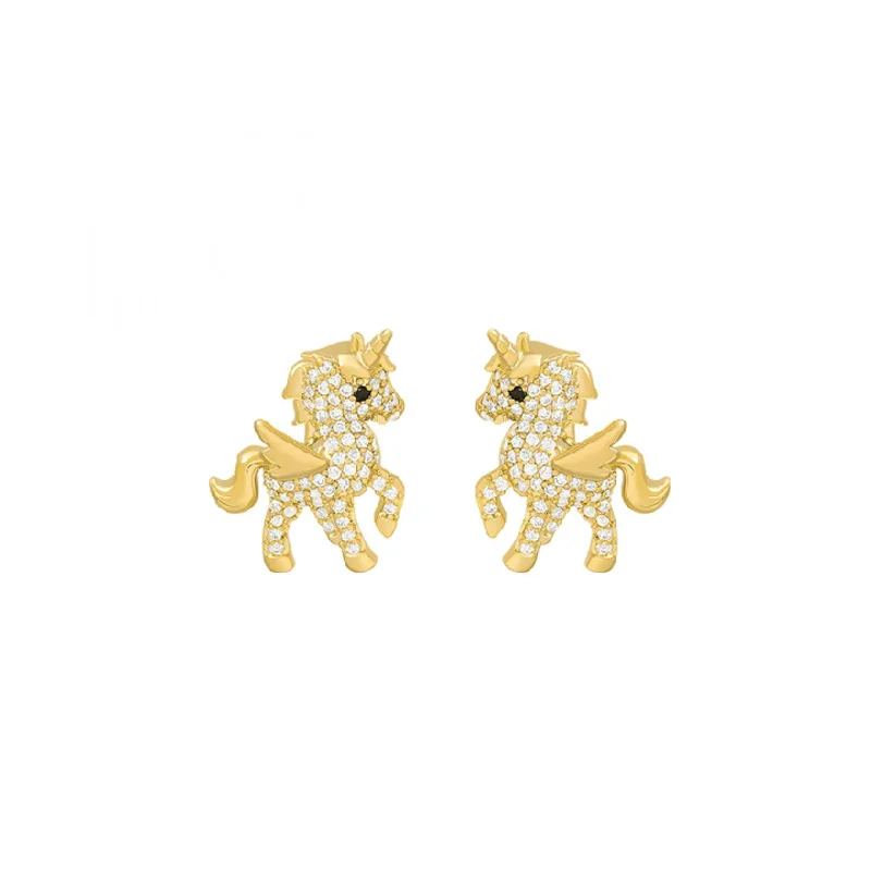 

Luxury Design 925 Silver Post Earrings Korean Fashion Diamond Paved Cute Gold Small Cartoon Unicorn Stud Earrings