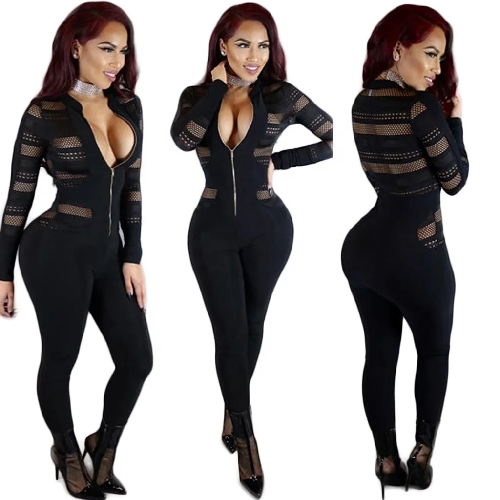 

LW-6665 Black sheer bodysuit women long sleeve hollow out bodycon romper fishnet sexy mesh jumpsuits for women