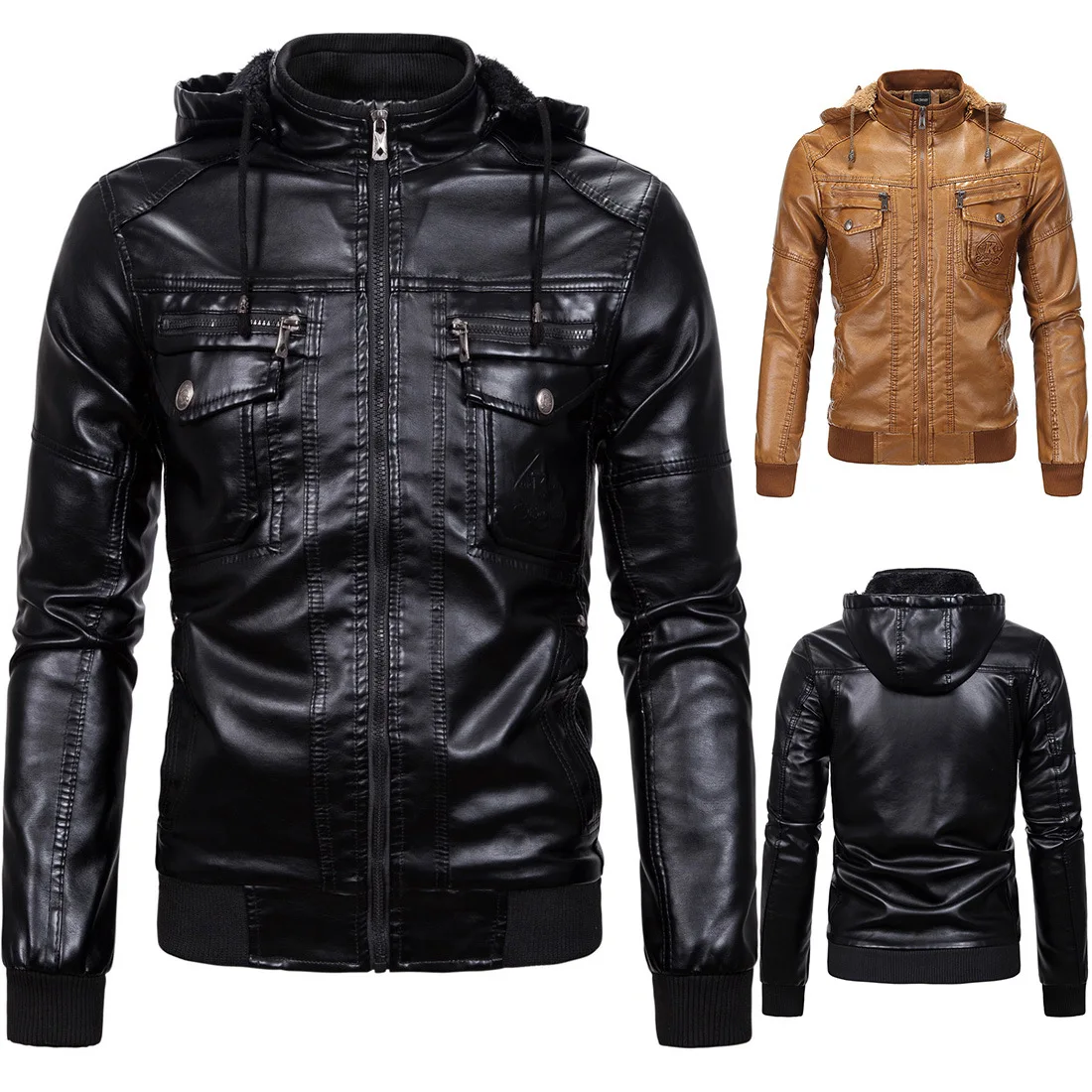 

European size Men PU fur sheepskin hooded Velvet PU Leather coat with wholesale price, Yellow, black