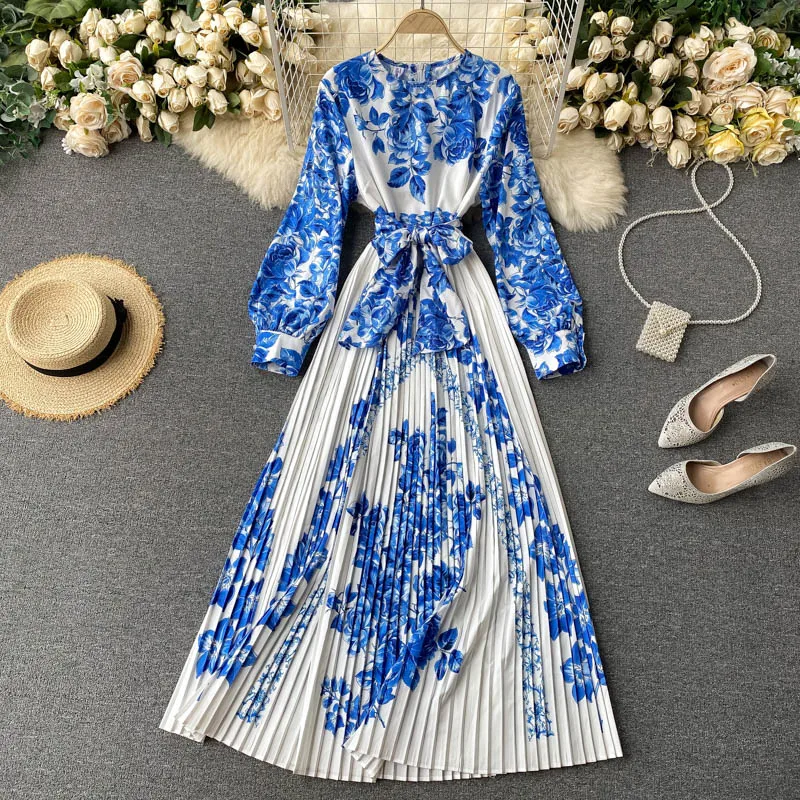 

Spring Elegant Blue And White Porcelain Printing Ruched Lower Hem Dress Women Casual Bandage Holiday Maxi Dresses Ladies Robe