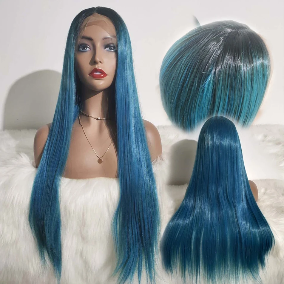 

Blue Ombre Dark Roots Synthetic Lace Front Wig Glueless Heat Resistant Hair Straight Drag Queen Halloween Wig Amazon Hot Sale