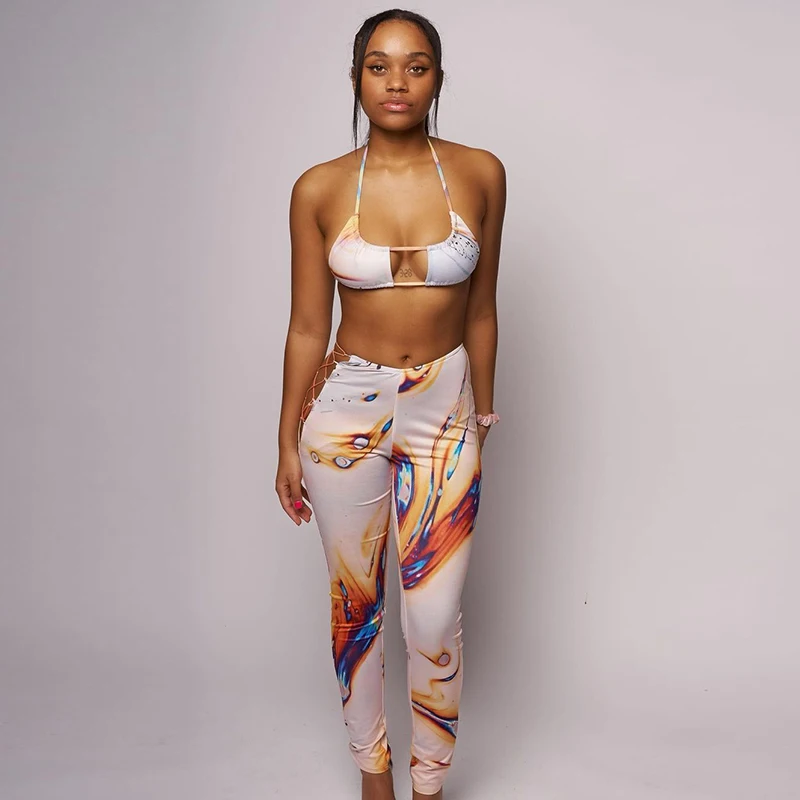 

Bomblook K21ST233 Sexy Bikini Crop Top Hollow Print Bodycon Pant Women Two Piece Fall Set Streetwear