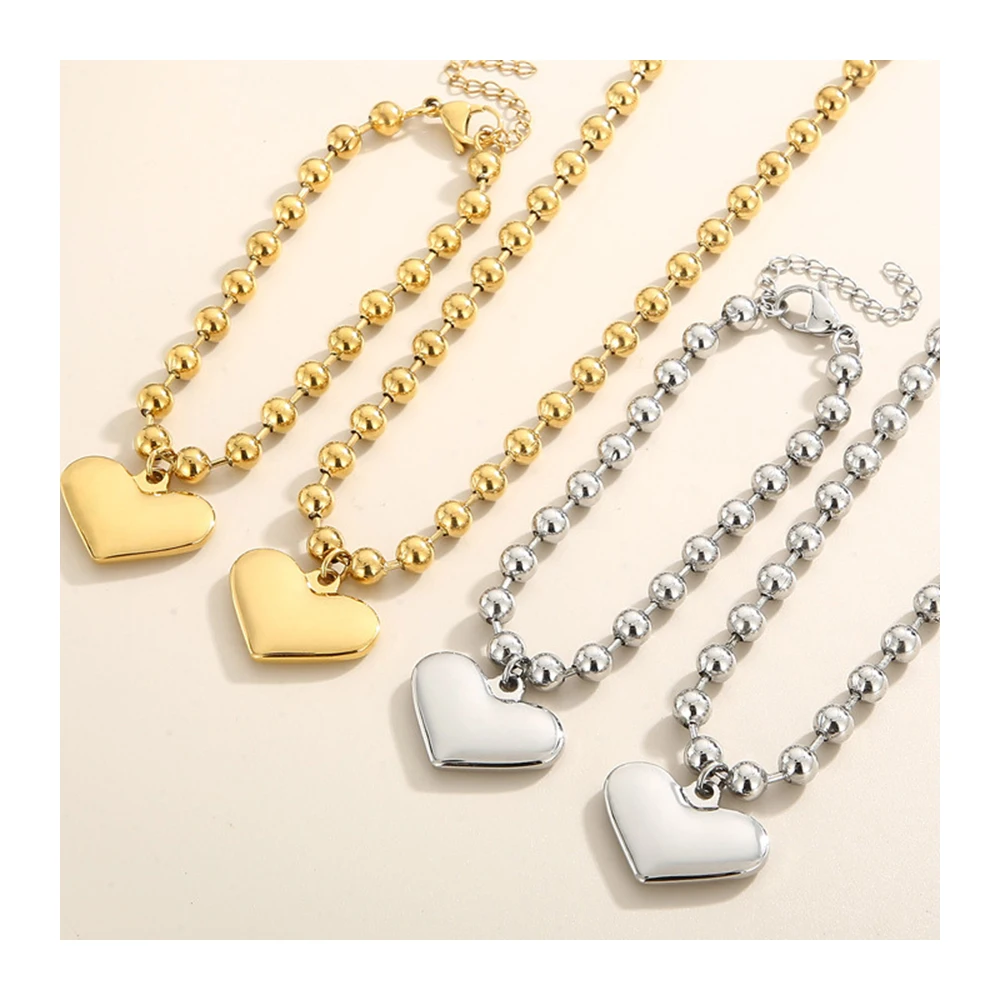 New Arrivals Stainless Steel Heart Charm Pendant Necklace 18k Gold Plated 6MM Ball Beaded Necklace Ladies Jewelry Set YF3530