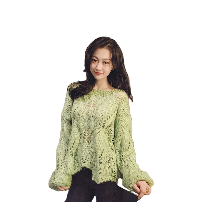 

Openwork knit blouse fashion casual pullover sweater female autumn 2021 new long-sleeved round neck