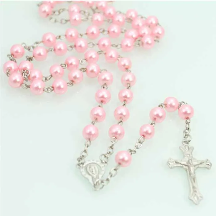 Women Religious Catholic Jewelry Crosses Rosary Necklace Virgin Mary 8MM Beads Pink Pearl Rosary Necklace