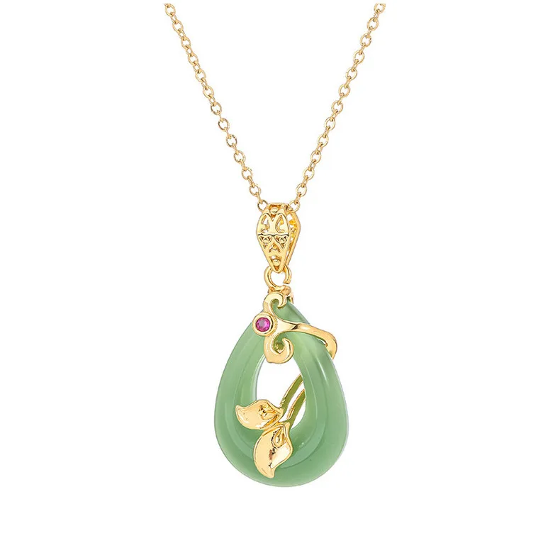 

Lotus oval safe buckle titanium steel necklace women 18k gold luxury non-fading clavicle chain Green white jade pendant jewelry, 2different color