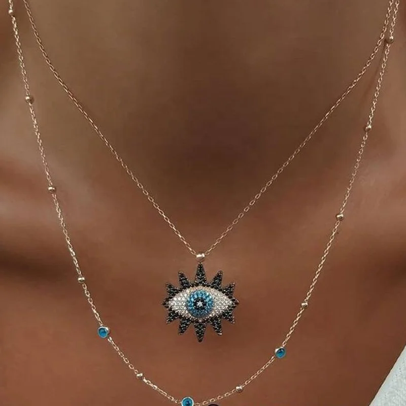 

Gold Plated Paperclip Chain Jewelry Layered Necklace Multi Layer Blue Turkish Eye Pendant Necklace