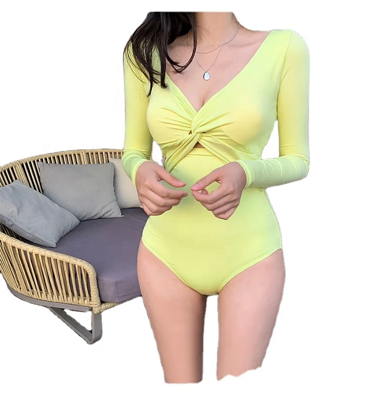 

swimwear 2021 one piece in swimwear&beachwear Long sleeve solid color breathable for women v-neck sexy trending swimwear, As picture