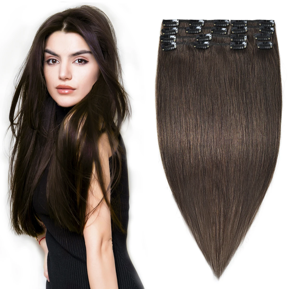 

Free Sample medium brown human hair clip hair, clip hair extension, virgin hair extension with clip