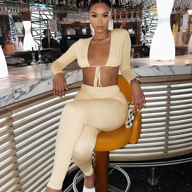 

Lagerfe Long Sleeve Velvet Inside V Neck 2 Two Piece Matching Set Sexy Autumn Winter Suit Clothes Women 2021 Fall Casual Wear