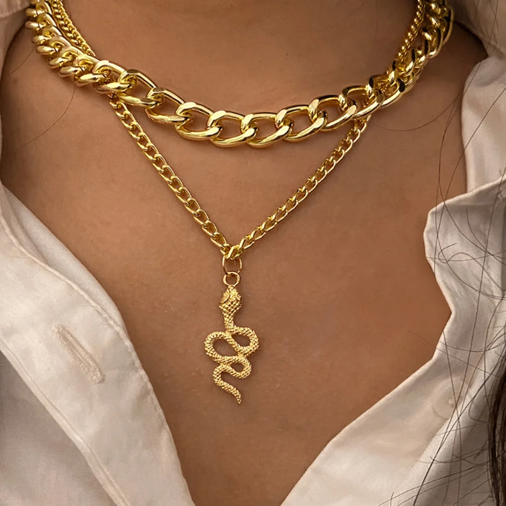 

New Personality Punk Double Snake Bone Pendant Thick Chain Silver Geometric Collarbone Necklace For Women