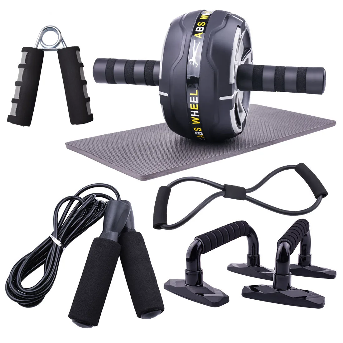 

Wheel Kit Resistance Bands Jump Rope Push-Up Bar Core Strength Abdominal Trainers Exercise Workout for Home Gym, Gray