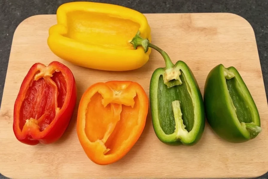 Four different colored bell peppers cut in half and ready for stuffing with various fillings arranged on a wooden cutting board