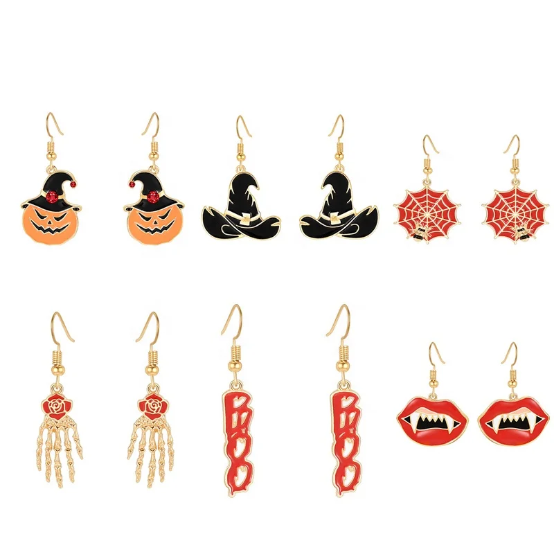 

New Arrival Exaggerated Trend Halloween Spiderweb Witch Skeleton Earrings 2021 Pumpkin Earrings for Women, As picture