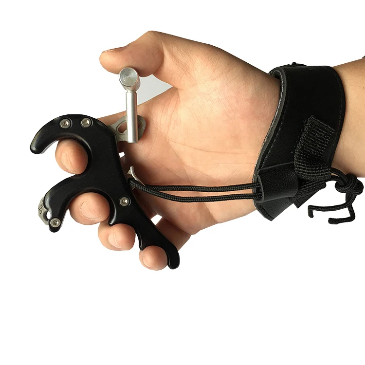

Compound Adjustable Sensitivity Archery Arrow Shooting Bow Release Aid 4Finger Leather Wrist Strap, Black