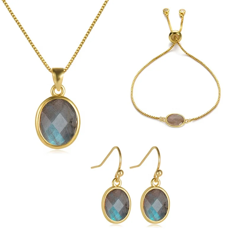 

Cliobeads oval cabochon checker board cut double side faceted labradorite 18k gold plated gemstone necklace jewelry sets