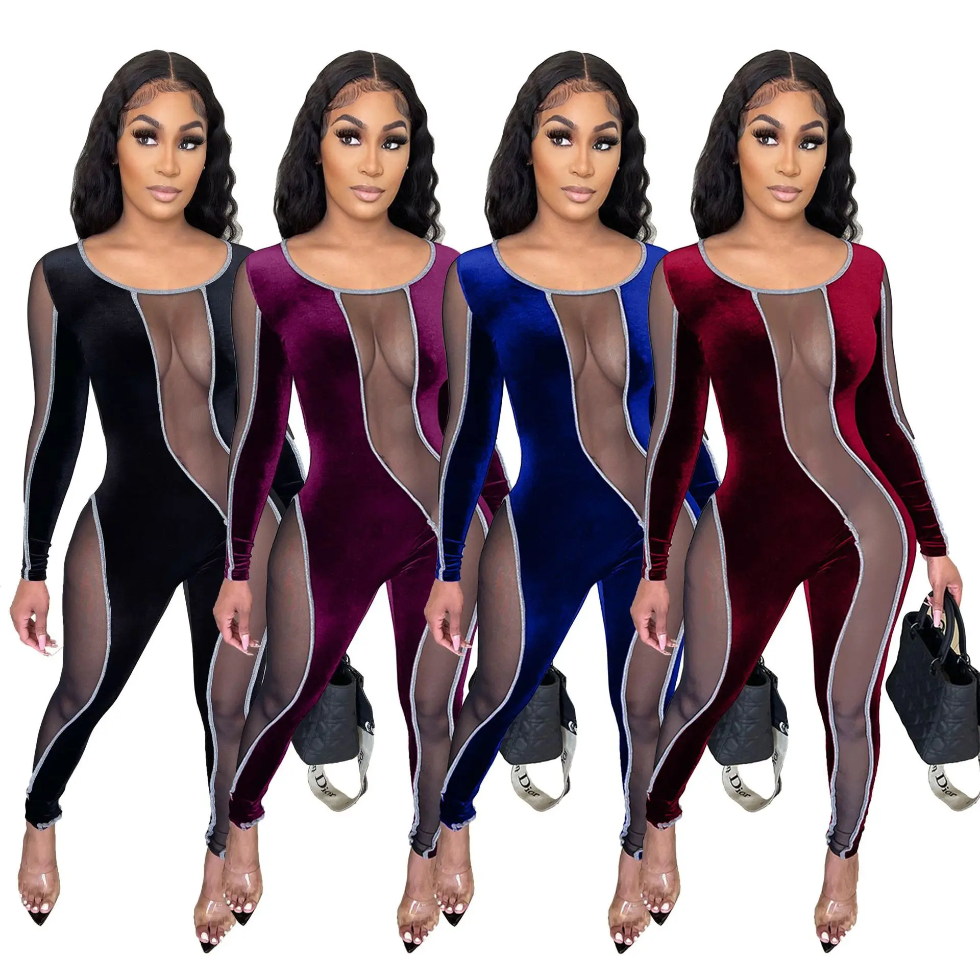 

J3231 - women fashion long sleeve mesh patchwork velvet jumpsuit