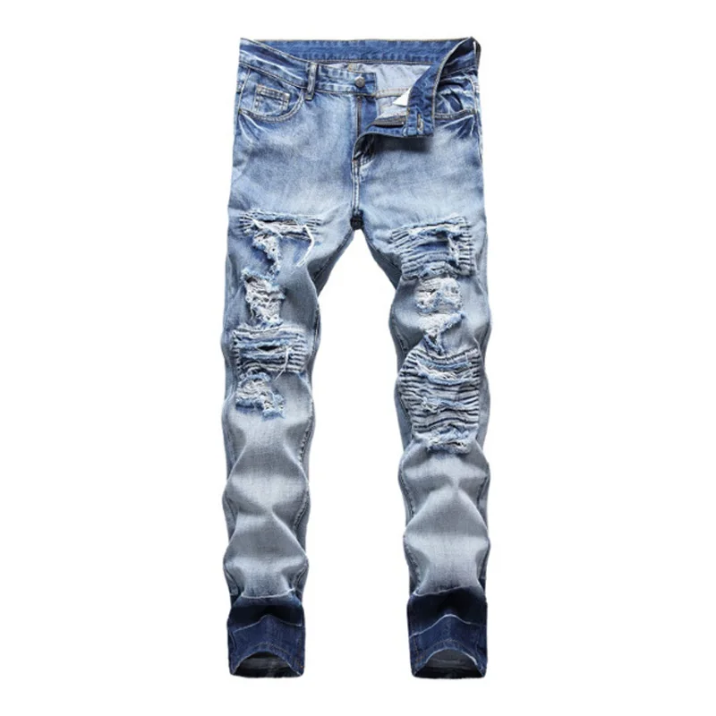

Factory Supply Cheap Price New Design Distressed Crush Custom Logo Print Jeans Knee Hole Ripped Jeans For Man, Blue