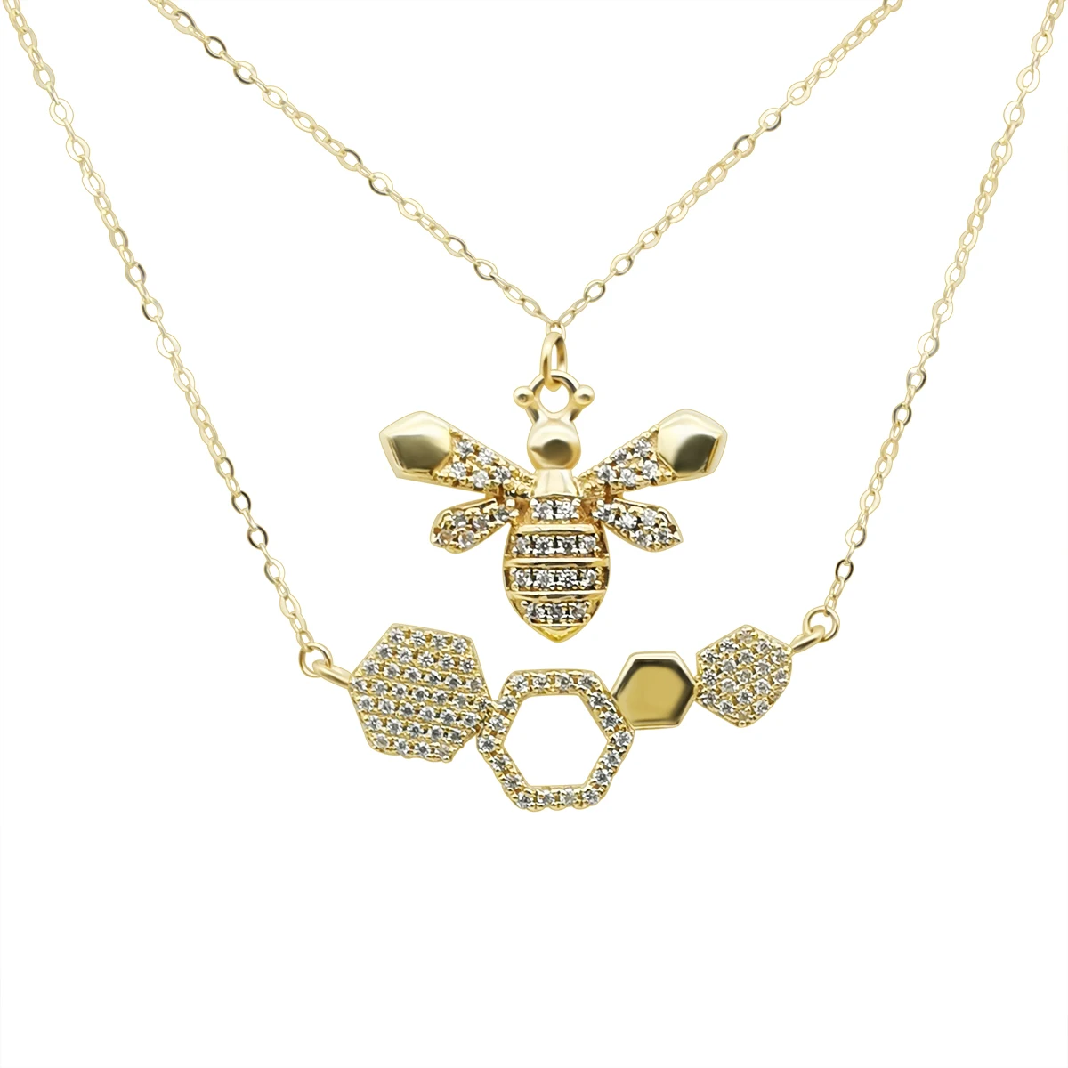 

New Design Crystal Elegant Bee and Hive Pendant 9k Real Gold With Zircons Stack Necklace For Women, Yellow gold