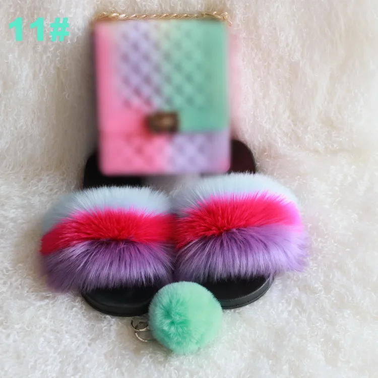 

hot sale new arrival custom multi colors fur slides bag set