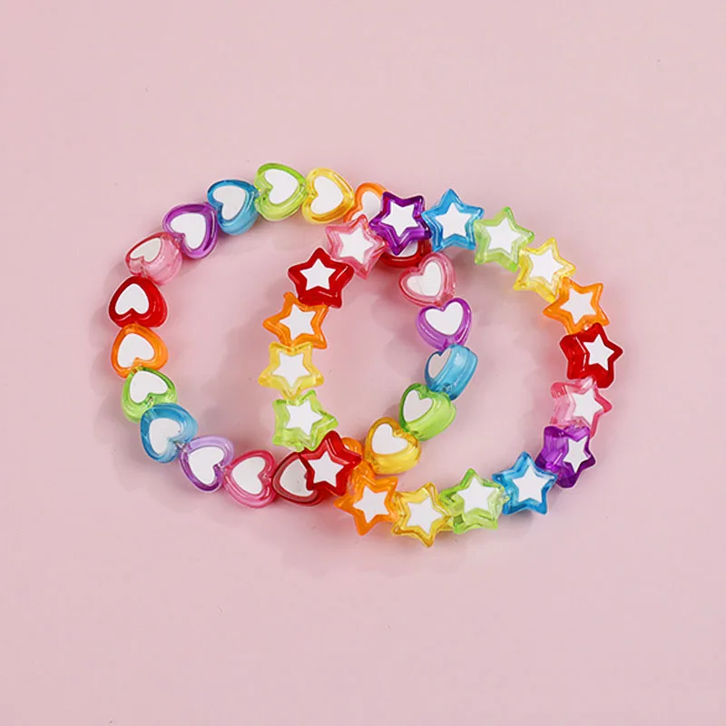 

Fashion Rainbow Colorful Children Jewellry Cute Elastic Star Heart Plastic Beads Bracelets For Kids Gifts