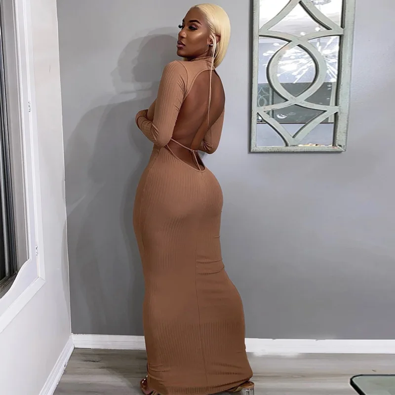 

Ribbed Knit Backless Maxi Dress Women Long Sleeve 2021 Winter Fall New Fashion Sexy Party Prom Evening Wholesale Lady Clothes