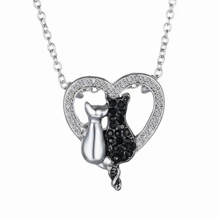 

Jewelry Cute Double Two-Tone Cat Pendant Crystal Necklace Cable Chain Black Enamel Eternal Love Heart Necklace for Women,Girls