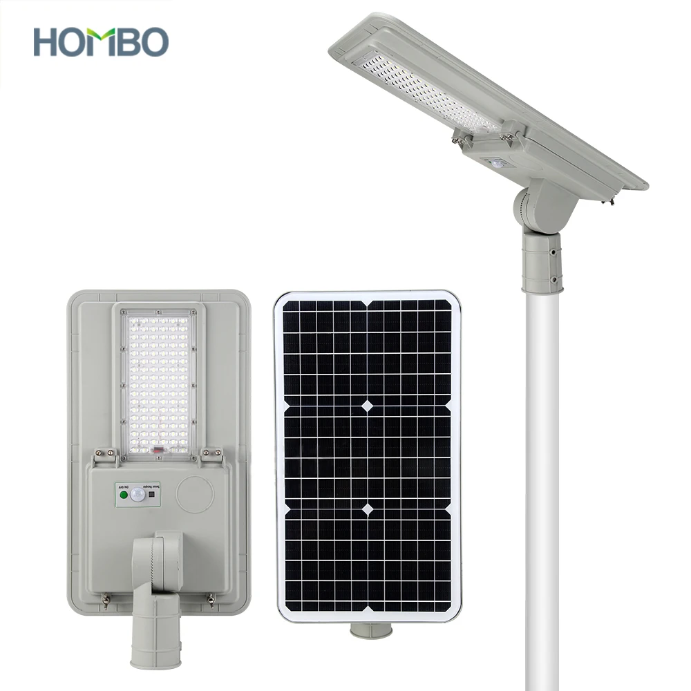 HOMBO high power remote control 30w 40 watts 100 w 120 watt 150w led solar energy street light with built-in battery/pole