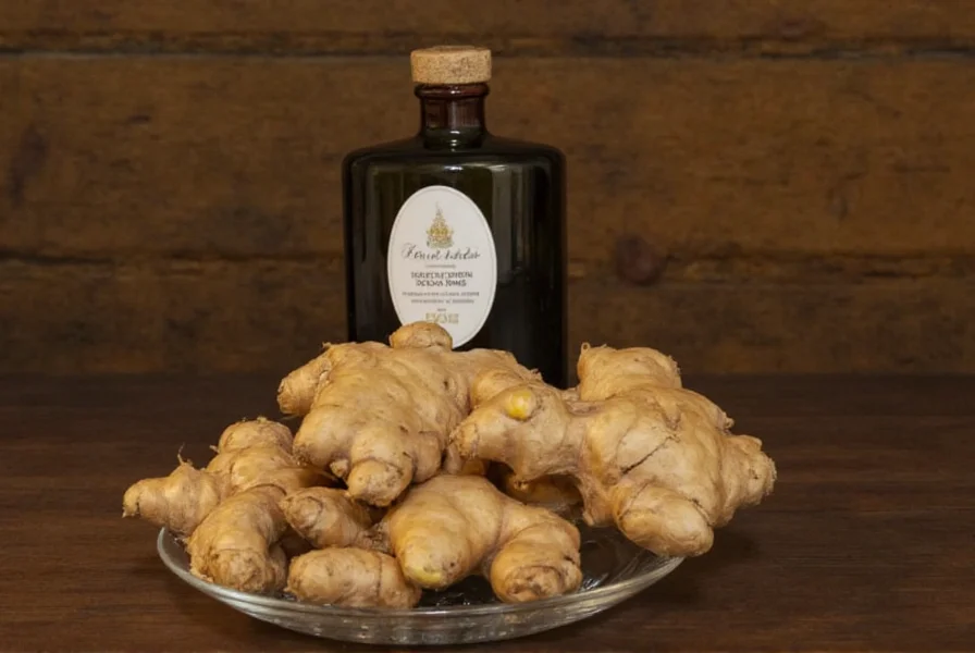 Traditional stone ginger wine preparation showing sliced ginger in glass jar with rice wine