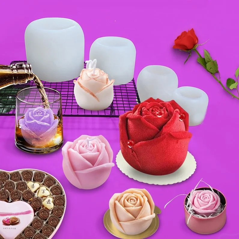 

Wholesale 3d Love Heart Rose Flower Candle Form Silicone Mold DIY Handmade Candle Soap Mousse Ice Cream Mold, As picture shown