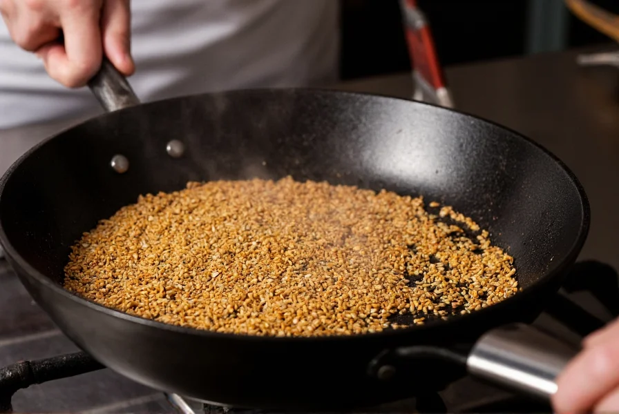 Professional chef toasting cumin seeds in cast iron skillet showing perfect golden color