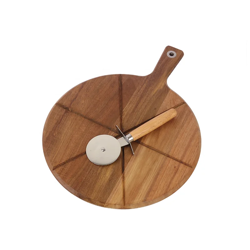 

High Quality Customized Olive Acacia Wood Round Board With Handle Professional Pizza Plate Cutting Chopping Board With Handle