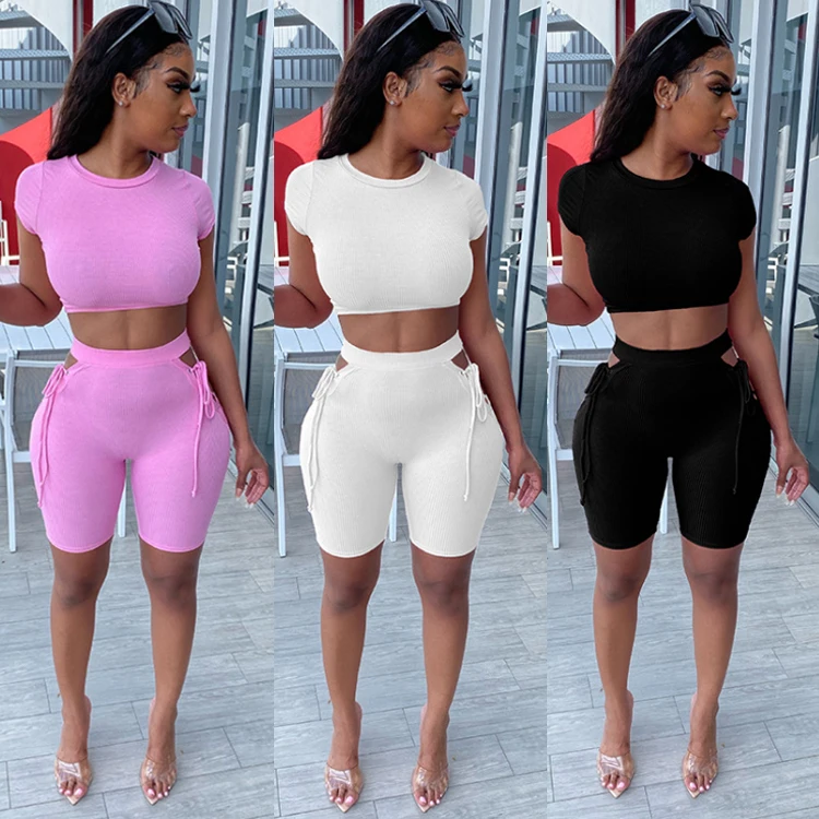

Summer 2 Piece Outfit Short Sleeve Crop Top Women Shorts Pants Tracksuit Biker Short Set, Pink / black / white