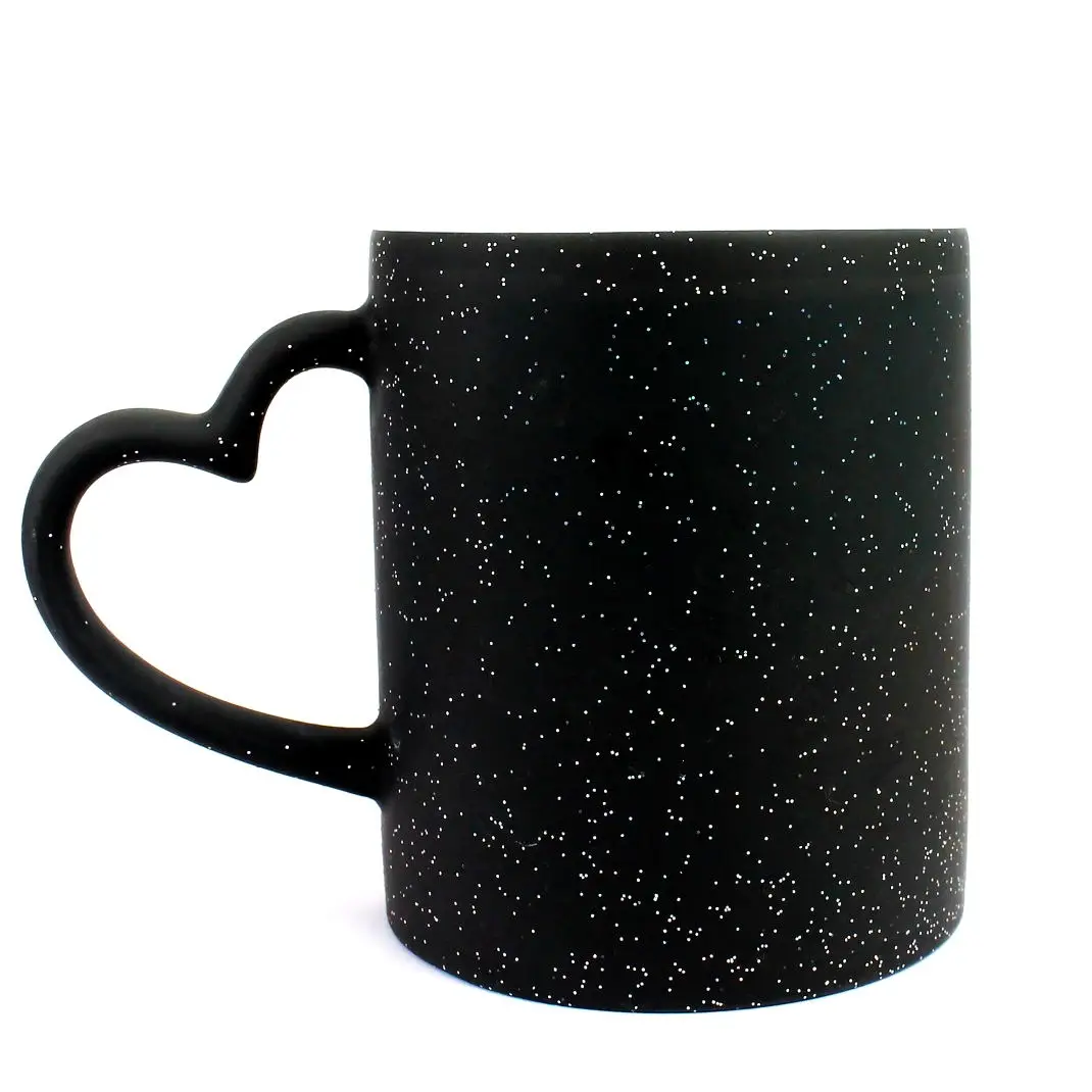 

Hot Sale 11oz Sublimation Ceramic magical Coffee Mug Custom Logo Glitter Whole Color Changed Ceramic Mug with Heart Handle