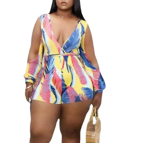

Wholesale Colorful Print Shorts Hollow Out Plus Size Rompers Womens Sexy Jumpsuits Summer 2021