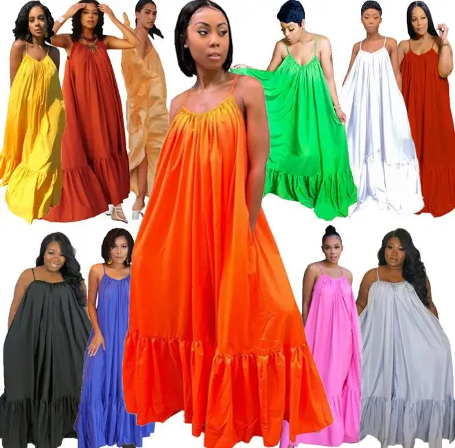 

2021 plus size dress women summer candy color long maxi dresses spaghetti strap loose beach wear clothing dresses