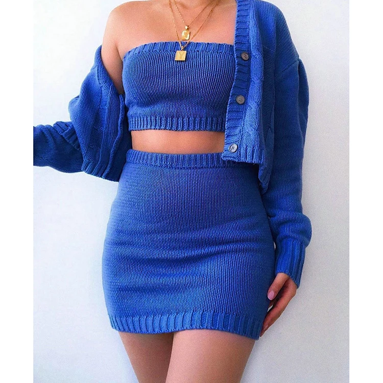 
3 Piece Set Women Outfits Strapless Knitted Short Coat Crop Top And Skirt Womens Clothing  (62438222804)