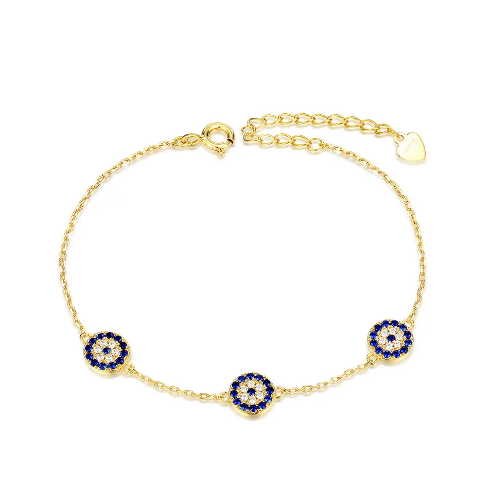 Turkish talisman 14K gold plated Sterling silver adjustable triple evil blue eye bracelet