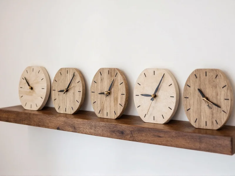 Five handmade diy clocks on rustic wooden shelf