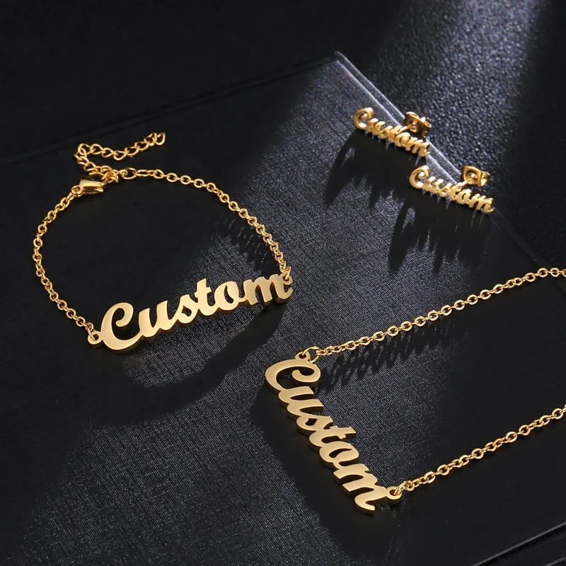 

Customized DIY Name Pendant Necklace Personalized Stainless Steel Name Plate Necklace Letters Bracelet Anklets Earrings Set, Silver, gold, rose gold;customized color