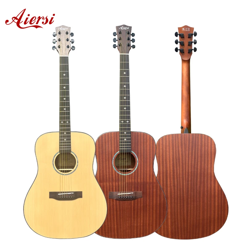 Wholesale Price Aiersi Brand Cutaway Spruce or Mahogany Dreadnought OM Body Acoustic Guitar OEM ODM Learner String Instrument