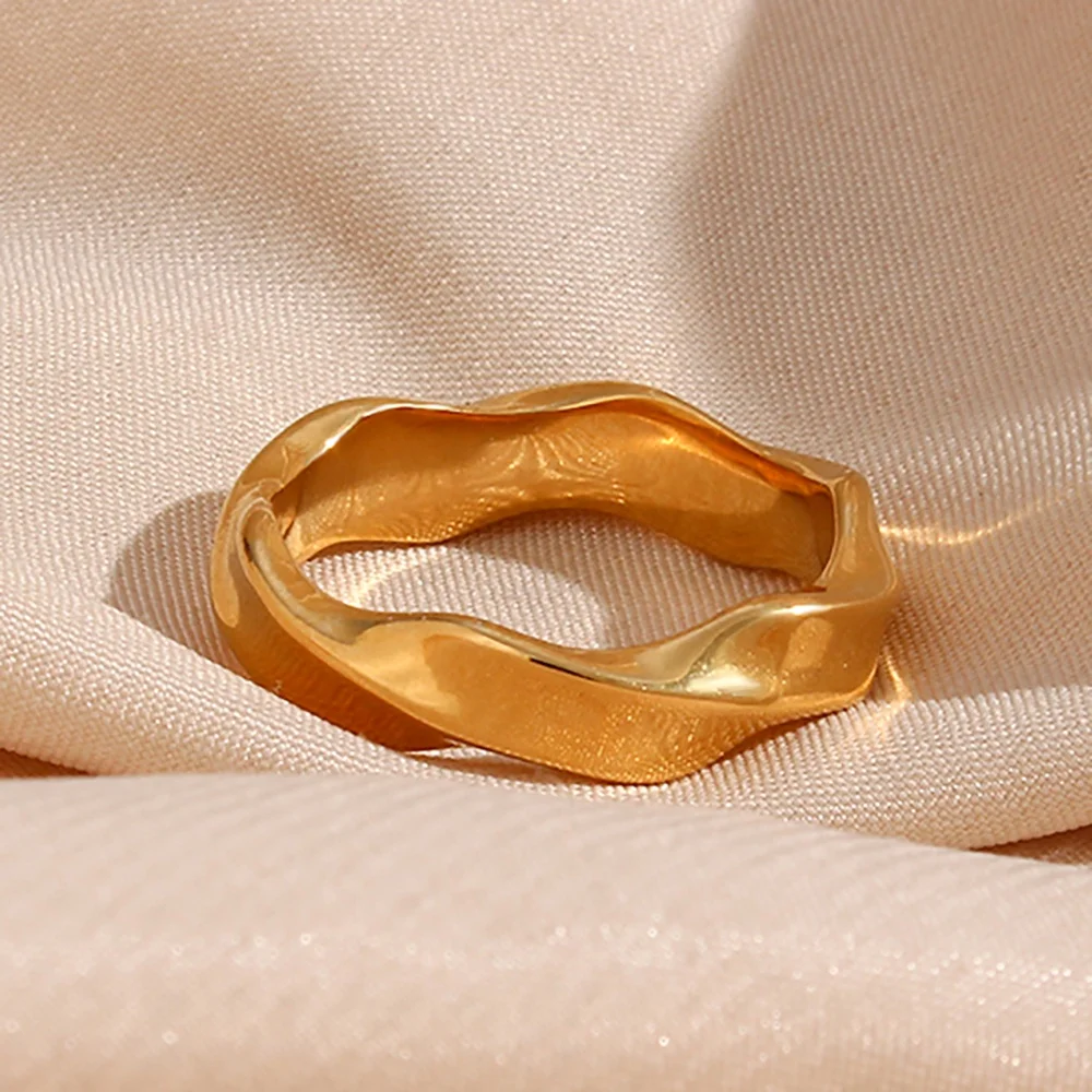 Minimalist Ocean Wave Shape Gold Plated Ring Jewelry For Women Stainless Steel Engagement Jewelry Making Supplies