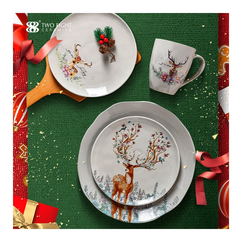 

Modern Christmas Custom Dessert Ceramic Dinner Bowl Plate Dish Set Opal Glassware Royal Bone China Porcelain Set Dinnerware Sets, Grey blue