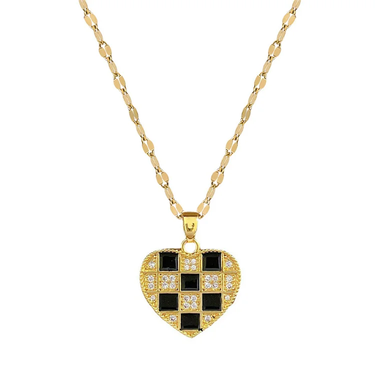 

Wholesale No Fade Titanium Steel Luxury Women Black White Checker Design Love Pendant Choker Necklace